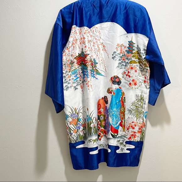 JAPAN MADE Vintage Blue Satin Geisha Asian Floral Kimono Graphic Robe